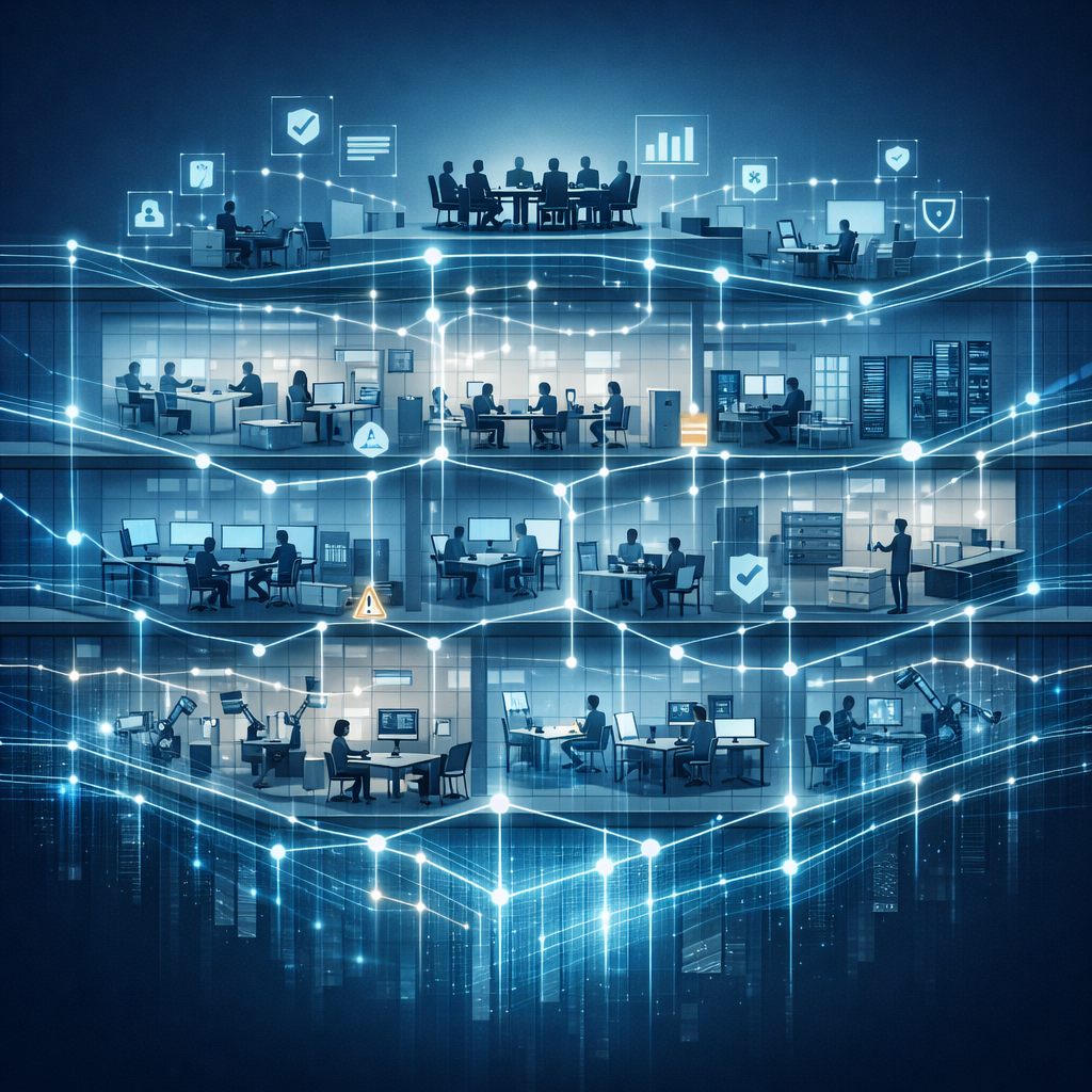 A cross-section of a multi-story office building rendered in blue, with a boardroom at the top and working floors below, all connected by a glowing lattice of networked decision points running through every level.
