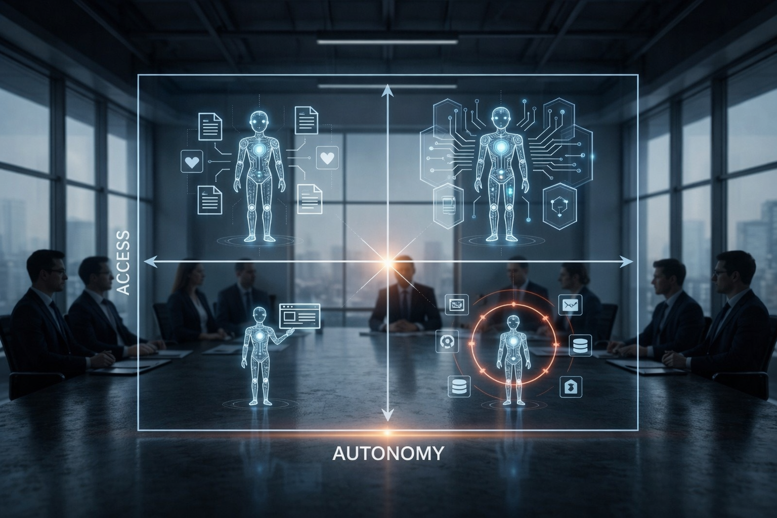 A boardroom with a holographic two-axis chart projected over the table. The horizontal axis is labeled AUTONOMY and the vertical axis is labeled ACCESS, with AI agent figures positioned across the four quadrants and the high-autonomy, high-access agent ringed for containment.
