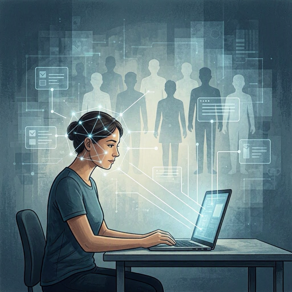 Illustration of a woman at a laptop with a network of glowing connections around her head and silhouettes of people in the background.
